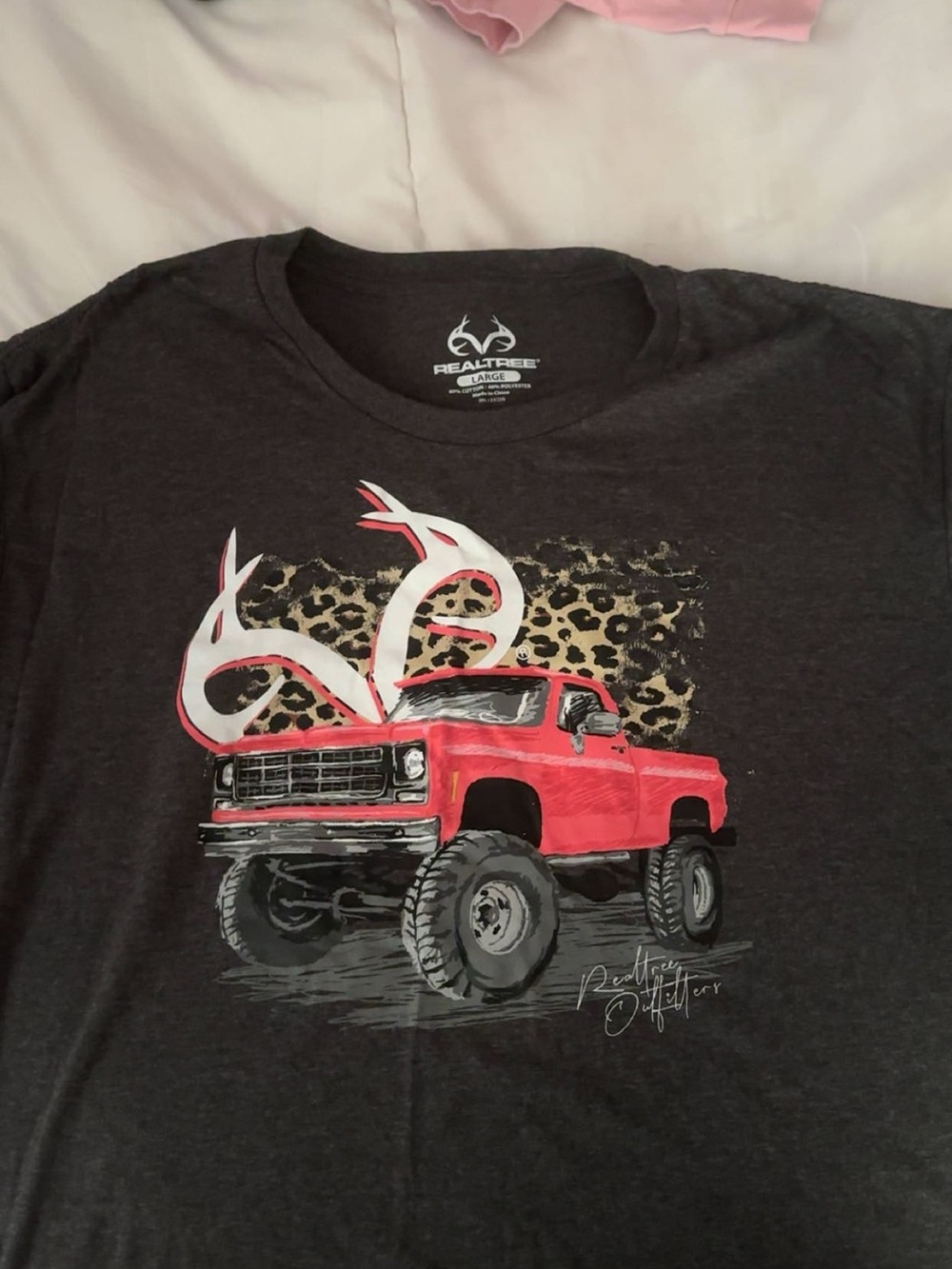 Realtree Black Tee with Red Lifted Truck and White Antlers